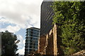 View of 50 Basinghall Street and One London Wall towering over the London Wall from the area near the Barbican Estate