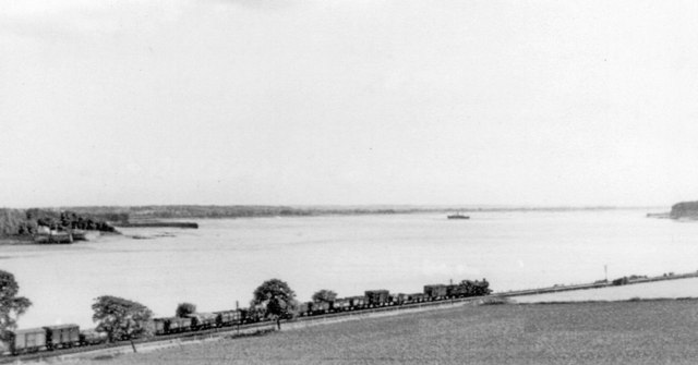 Severn Estuary at Purton, near former Severn Bridge with train, 1951