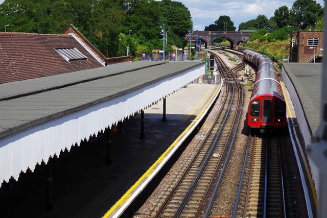 Central Line train arriving at Newbury Park Station, Newbury Park, Ilford, London