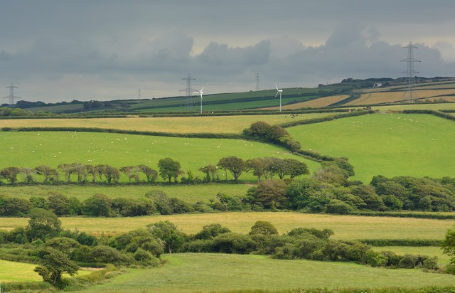 Rainclouds, pylons and turbines, Marshgate, Cornwall