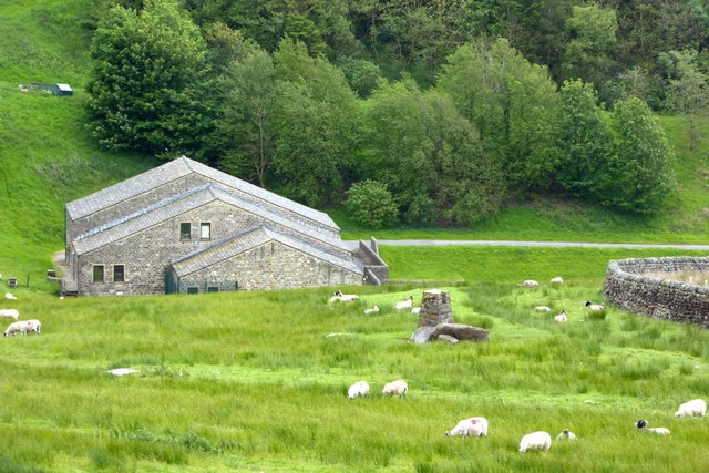 Buildings at the foot of Grimwith Reservoir dam
