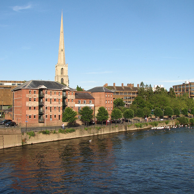 Worcester: waterfront and St Andrew's steeple