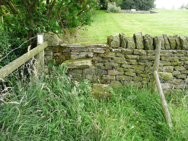 Stile and waymark on a diverted footpath at Long Royd, Sowerby