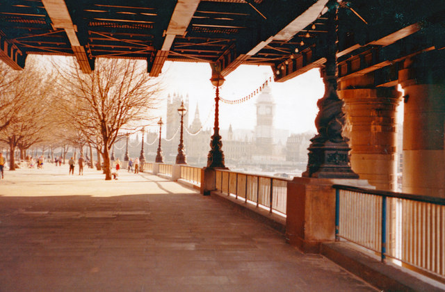 Along Thames Path from under Hungerford Bridge to Palace of Westminster, 1984