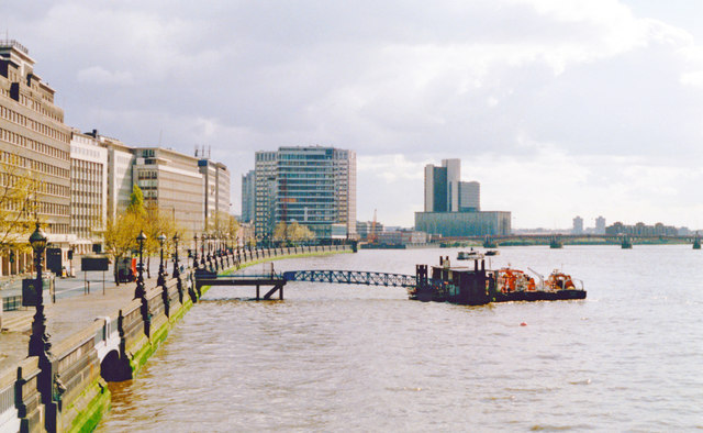 Upstream on River Thames from Lambeth Bridge, 1990
