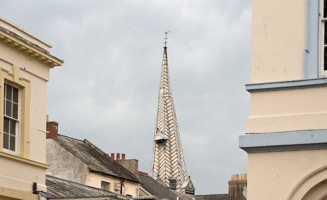 The crooked spire of St Peter's Church viewed from Boutport Street
