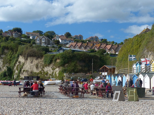 Picnic tables on the beach, Beer, Devon