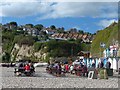 SY2389 : Picnic tables on the beach, Beer, Devon by Robin Drayton