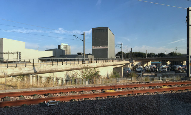 Castle Cement plant and depot near Camden Town, London, seen from a Eurostar train