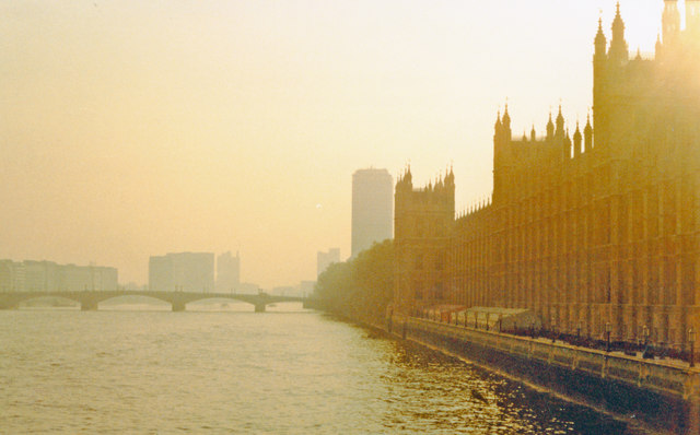 London (Westminster), 1988: misty evening upstream from Westminster Bridge