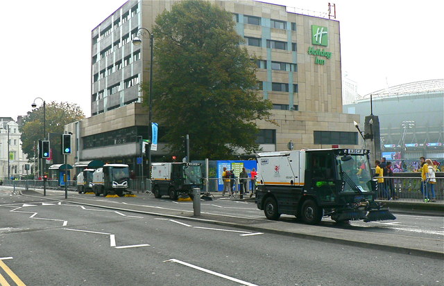 The clean up operation following the start of the 2015 Cardiff Half Marathon