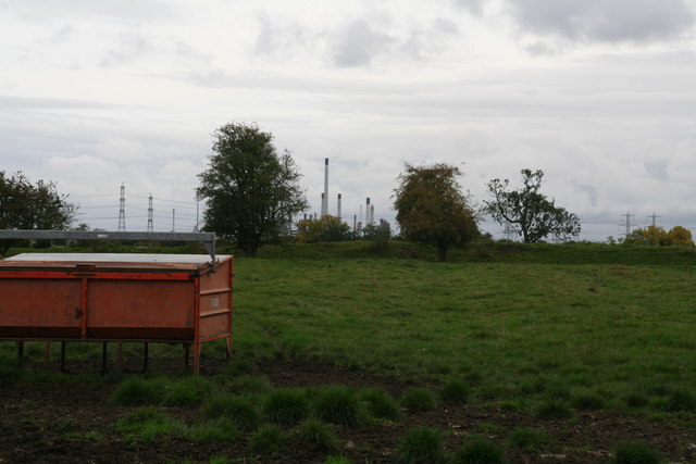 Worlds apart: cattle-creep in a pasture field at East Halton, and Humber bank industry