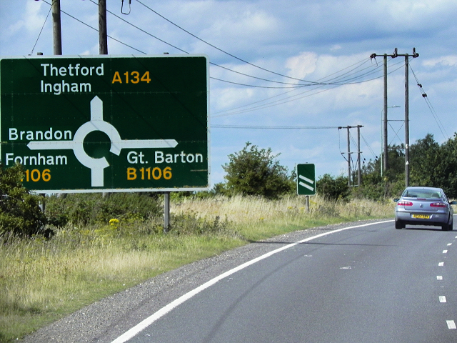 Northbound A134 Approaching Roundabout near to Fornham St Genevieve