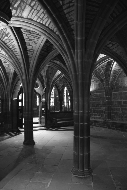 Columns supporting vaulted ceiling in Chester Cathedral
