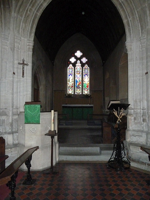 Pulpit, altar and east window, St James the Great, Bratton