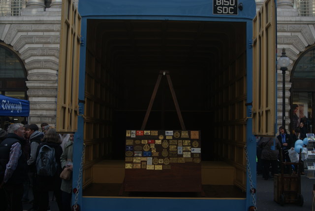 View of medals in the rear of an Abel's removal van at Regent Street Motor Show