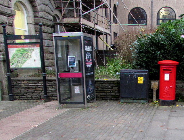 Civic Centre pillar box and phonebox, Pontypool