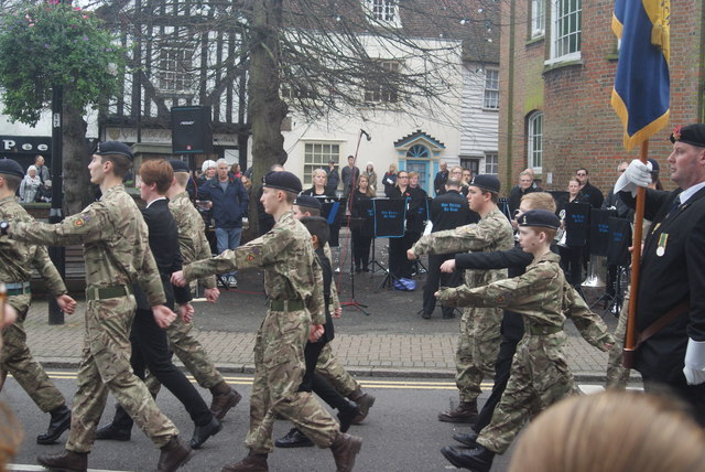 View of cadets marching in the Remembrance Sunday Service in Billericay High Street