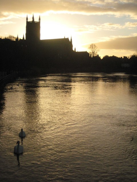 Worcester Cathedral silhouetted at sunrise