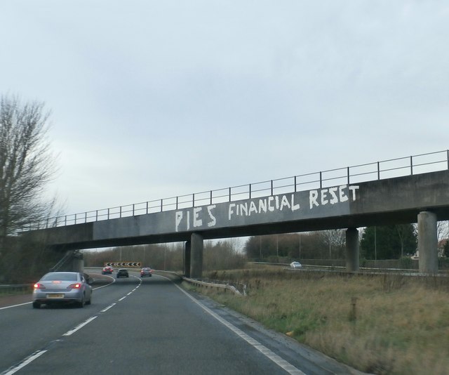 M58 Railway Bridge Graffiti: "Pies Financial Reset"