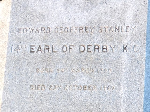 Inscription on the base of the statue of the 14th Earl of Derby