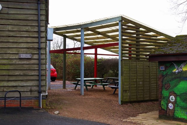 Undercover seating area at the Windmill Café, Waseley Hills Country Park, near Romsley, Worcs