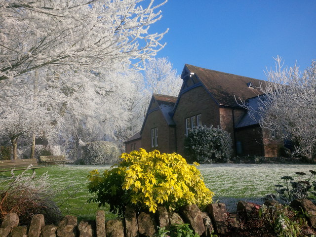Linton village hall with a hoar frost in January 2016