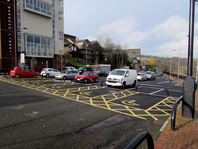Yellow parking bays near Bargoed Library