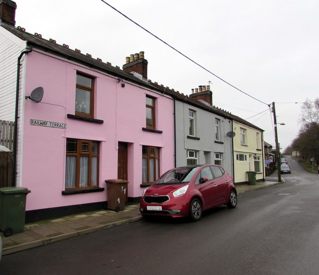 Pink house and red car, Railway Terrace, Brithdir