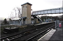ST1494 : Footbridge lift tower, Ystrad Mynach railway station platform 1 by Jaggery