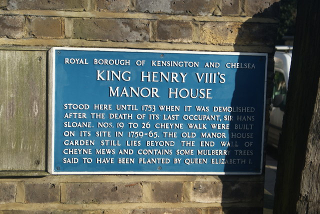 A blue plaque showing the site of King Henry VIII's manor house and garden