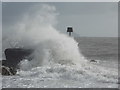 SZ1790 : Hengistbury Head: a breakwater is hit by a wave by Chris Downer