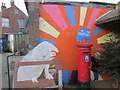 Red pillar box and artwork, Kentish Town City Farm