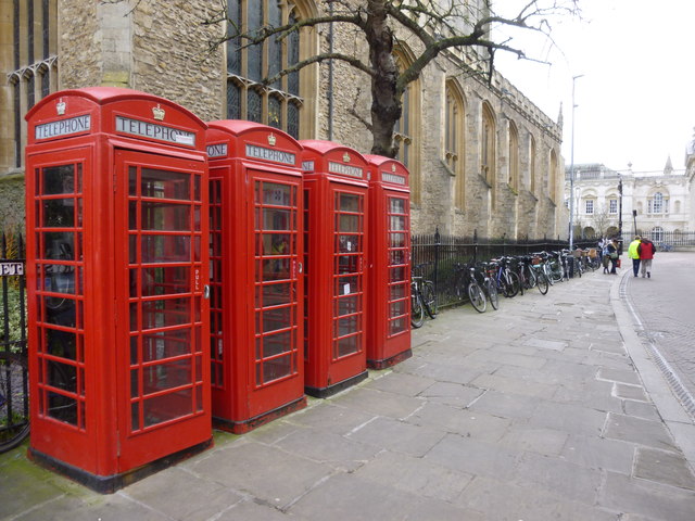 Four red phone boxes in Cambridge