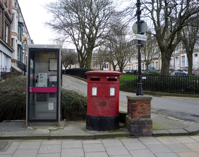 Elizabeth II postbox  and telephone box on Alma Square, Scarborough
