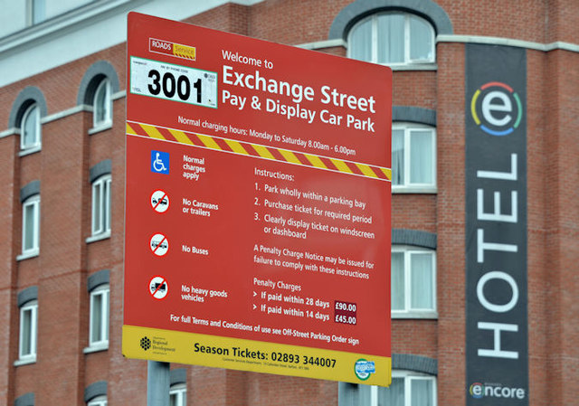 Pay and display car park sign, Belfast (March 2016)