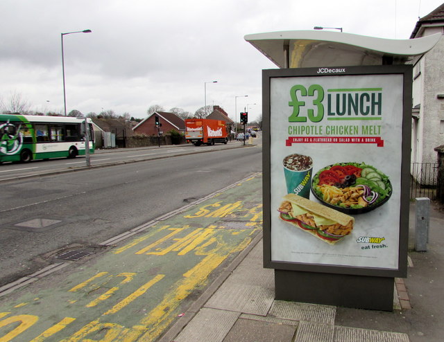 £3 Lunch advert on a Malpas Road bus shelter, Newport