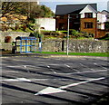 White arrows and blue bus shelter, Treharris