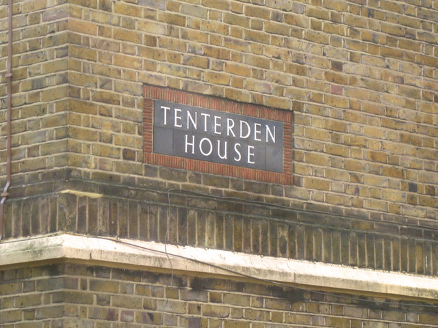 Name panel in bespoke tiles, Tenterden House, Kinglake Estate, Walworth