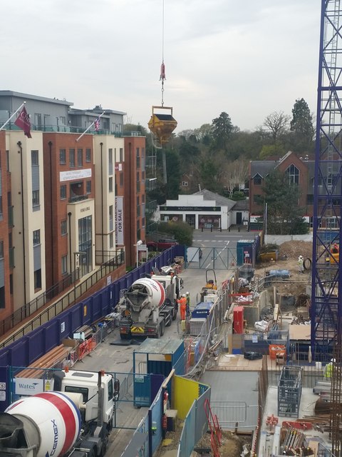 Hoisting the cement hopper, construction of Pembroke House, Camberley