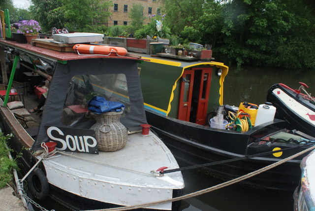 View of two narrowboats moored on the Grand Union Canal for the Rickmansworth Festival