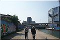 View of Bow Baptist Church and The View apartments from the River Lea Navigation