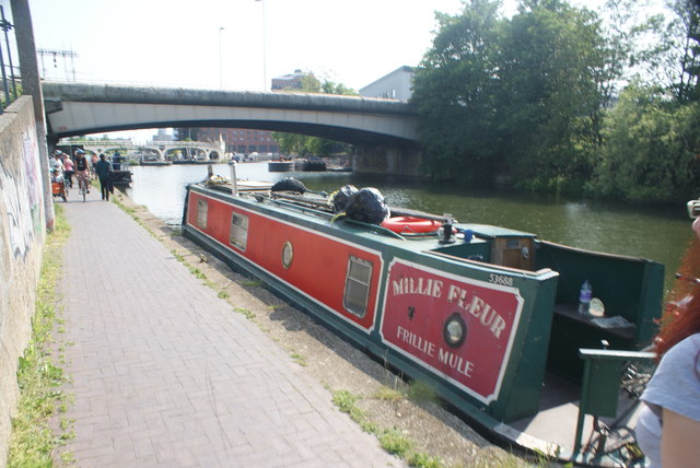 View of Millie Fleur moored up on the River Lea near Three Mill Island