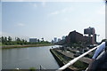 View along the River Lea from the raised pathway at the confluence with the Limehouse Cut