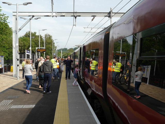 Getting on board the first train, Kirkstall Forge Station