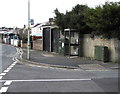 Bus stop, telecoms cabinets and a BT phonebox on a Porthcawl corner