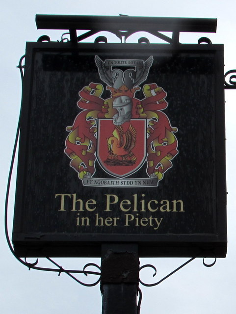 The Pelican in her Piety name sign, Ogmore