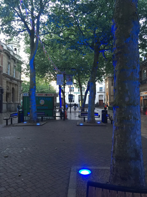 Blue light area, Peterborough city centre at dusk