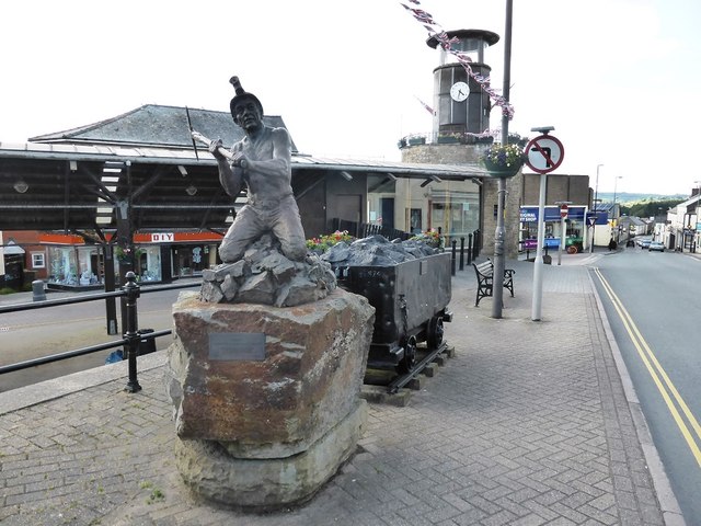 High Street, Cinderford, with sculpture of miner