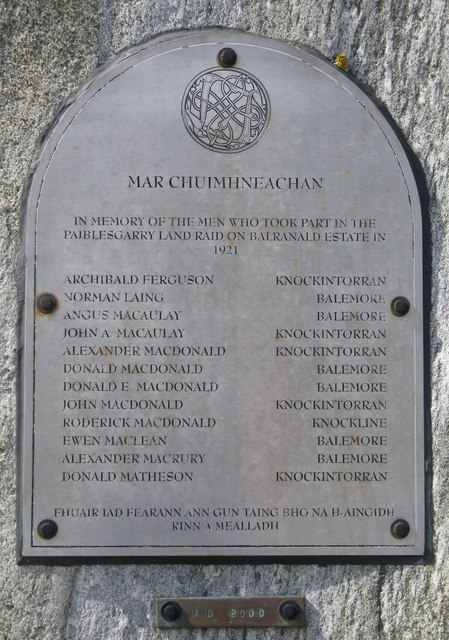 Paiblesgarry Land Raid Memorial plaque